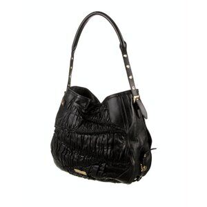 Burberry Black Lambskin Leather Pleated Hobo Bag Gold Hardware Detachable Strap